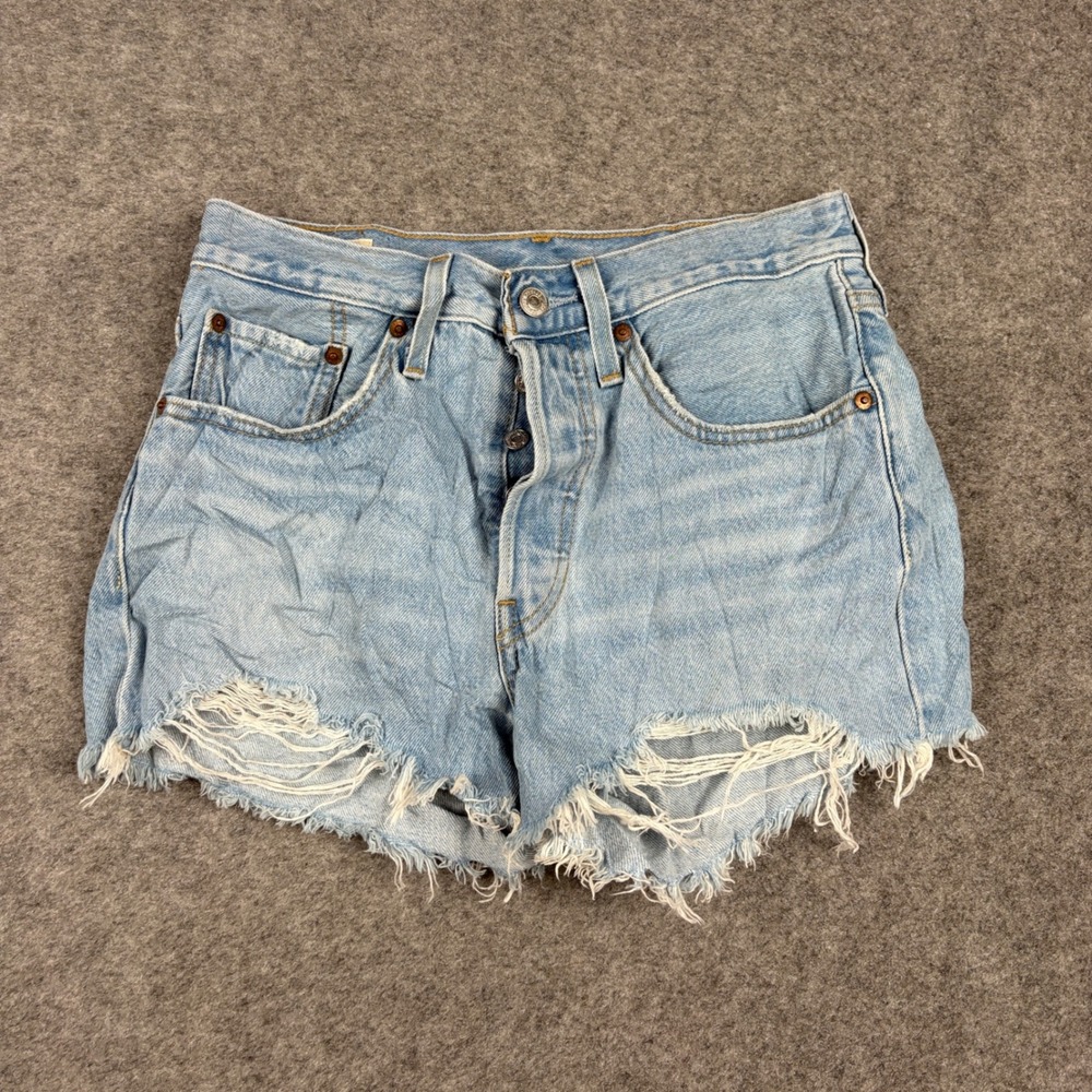 Levis 501 Shorts Womens 26 Blue Distressed Cut Off Denim Button Fly 56327-0014